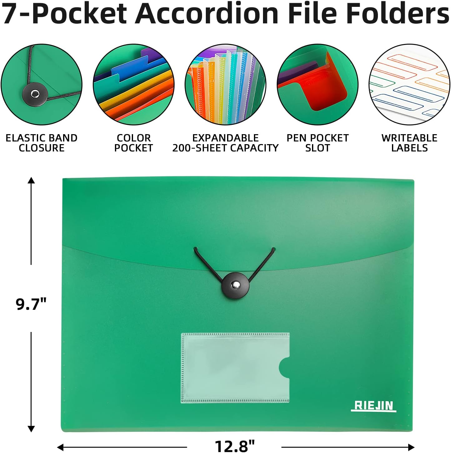 Accordian File Organizer 7 Pocket Expanding File Folder with Labels, Plastic Expandable File Folder for Documents Letter Size A4 Papers - Black