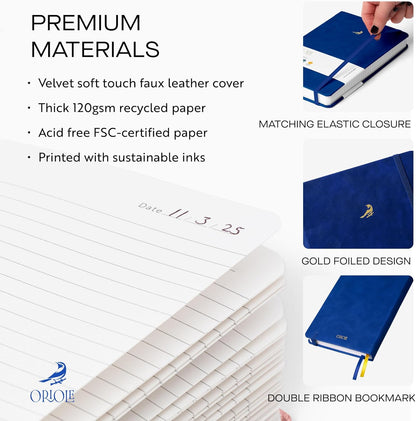 Oriole Vegan Leather Ruled Notebook - Chestnut Brown | 176 Pages of Thick Lined Paper | Soft Touch Hardcover Journal (5 x 8 in) with Gold Foil Bird Design & Luxury Gift Box