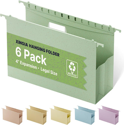 XINGIA Wheat Straw Reinforced Hanging File Folders Legal Size,4 Inch Expansion File Organizer,6 Pack Extra Capacity File Cabinet Folders for Bulky Files,Medical Charts,Filing Folders Hanging with Tabs