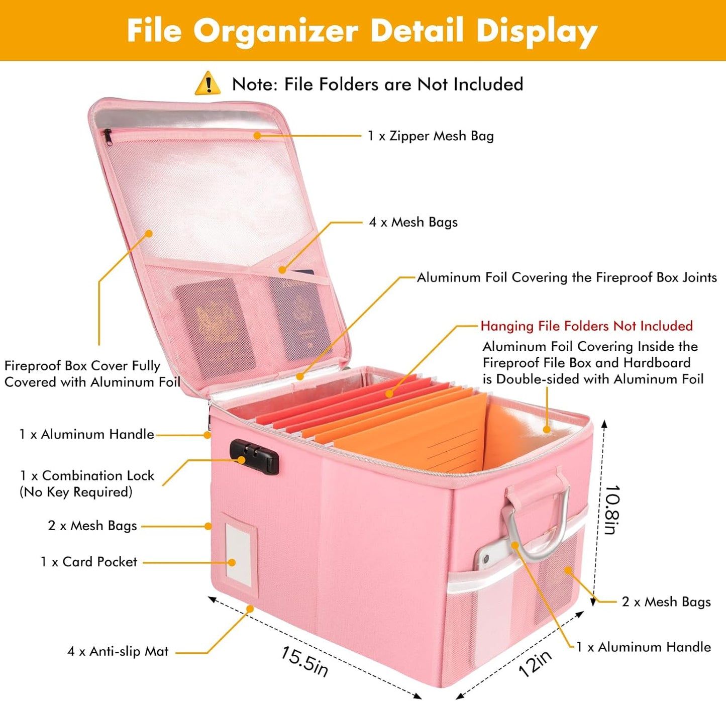TOMKID Fireproof Document Box, Fireproof File Box with Lids, Important Document Organizer Box with Lock, Portable File Folder Organizer with Handle