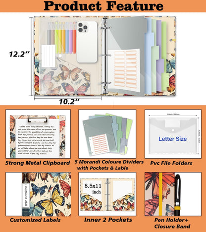 3 Ring Binder 1 Inch, Three Ring Binders Organizer with Clipboard, 5-Tabs Pockets Dividers, Plastic Folder, 18 Divider Stikers, BVSSX Pretty Binder with Pen Loop (Black Weeds, Letter Size)