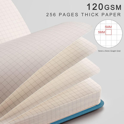 EMSHOI Graph Paper Notebook - 256 Pages A5 Graph Notebook/Journal, Hard Cover, 120gsm Thick Paper, Smooth PU Leather, Inner Pocket, 5.75'' × 8.38''-Black