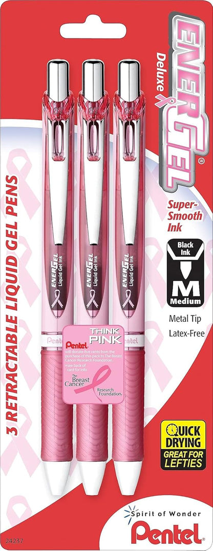 Pentel Pink BCA EnerGel Retractable Liquid Gel Pen, (0.7mm), Medium Line, Metal Tip, Pink Barrel, Black Ink, Pack of 3 (BL77PBP3A-BC)