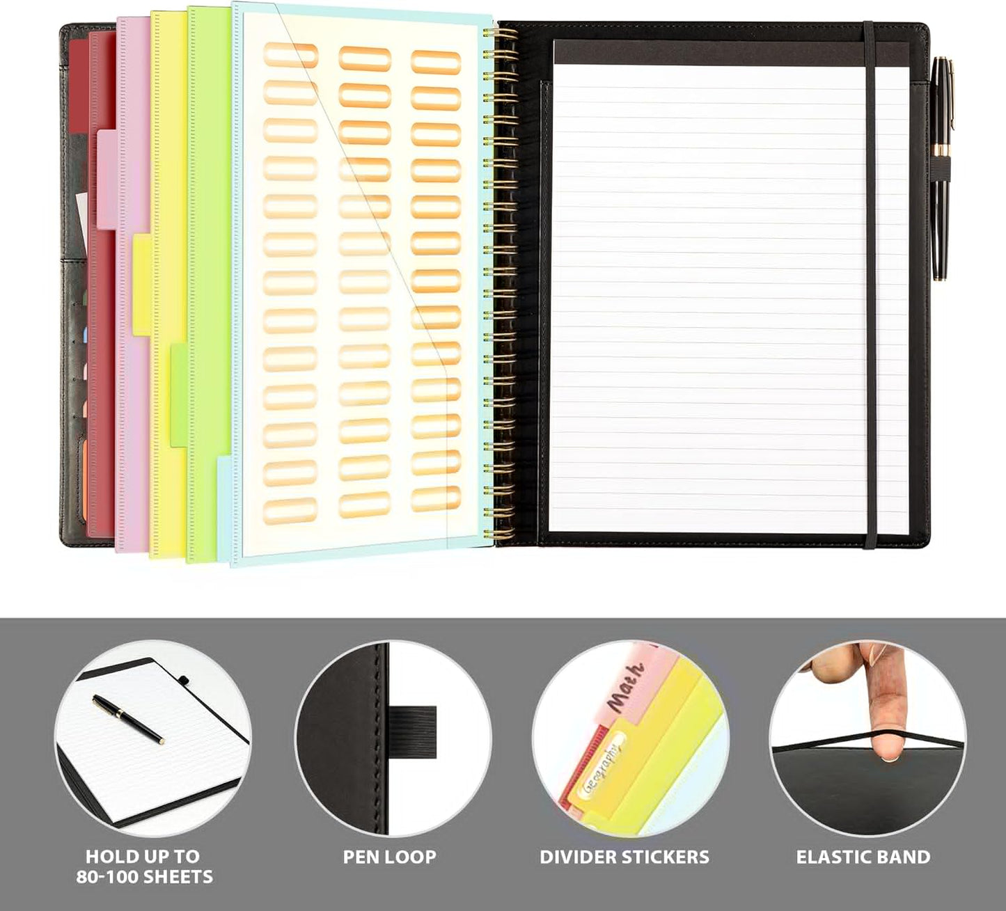 Ospelelf Clipboard with Storage for Women, Leather Padfolio Portfolio Organizer 5 Folders with 10 Pockets, Spiral Clipboard Folio with Notepad for Letter Size, Elastic Closure and Pen Loop Floral