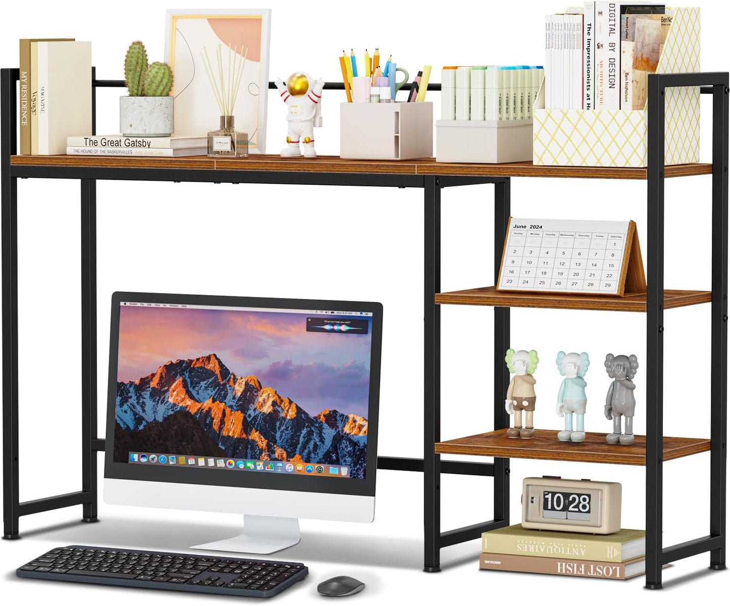 Snughome Desk Shelf, 38.6" Desktop Organizer Shelf, Desk Hutch for Computer Monitor, 4 Tier Desk Display Rack, Wood Desktop Bookshelf Storage Rack for Home Office Dorm, Rustic Brown | Desk Hutch, Computer Monitor, Desktop Display Rack, Home Office Dorm