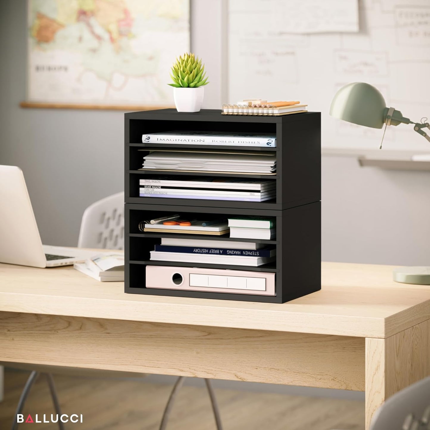 Ballucci 4-Tier Paper Organizer for Desk, Stackable Tray, Desk Storage Organizer Shelves, Stacking Letter Paper Tray Sorter for Classroom Office, Black