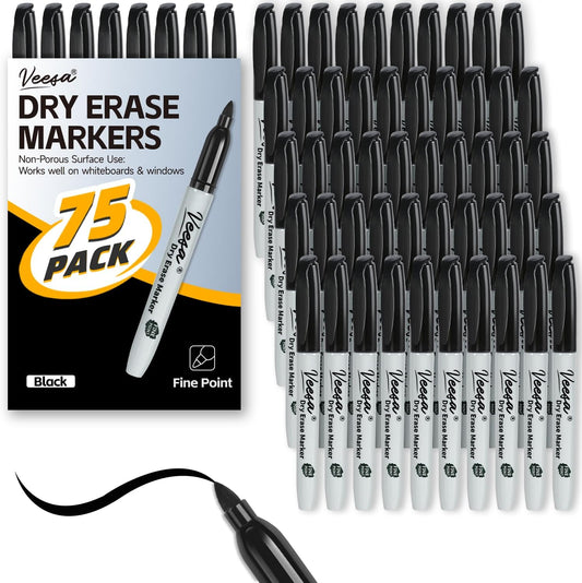 VEESA Dry Erase Markers (Black Red Blue), Fine Tip, 75 Count Low-Odor Whiteboard Marker Pens for Office School Home
