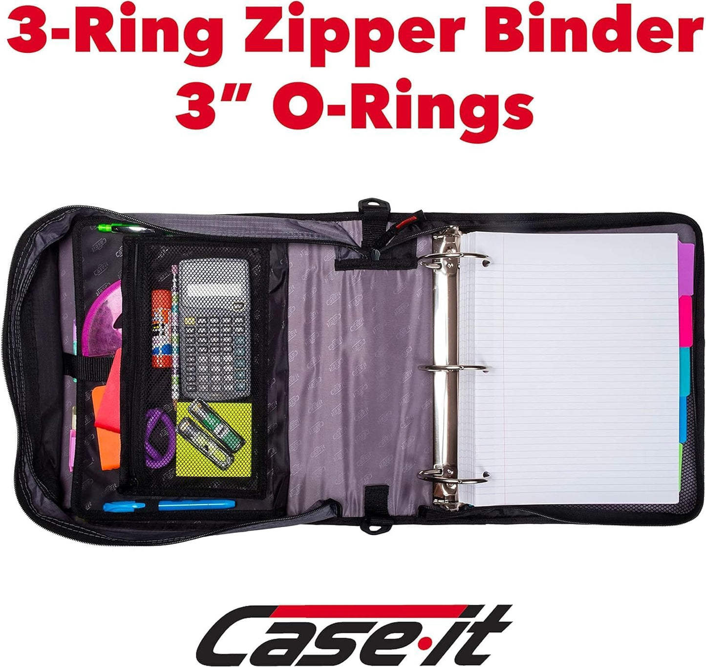 Case-it Mighty Zip Tab School Zipper Binder | 3-Inch O-Rings, 600-Sheet Capacity, 5-Subject Expanding File Folder, Multiple Pockets & Storage Organizer, Shoulder Strap | D-146 Jet Black