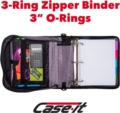 Case-it Mighty Zip Tab School Zipper Binder | 3-Inch O-Rings, 600-Sheet Capacity, 5-Subject Expanding File Folder, Multiple Pockets & Storage Organizer, Shoulder Strap | D-146 Jet Black