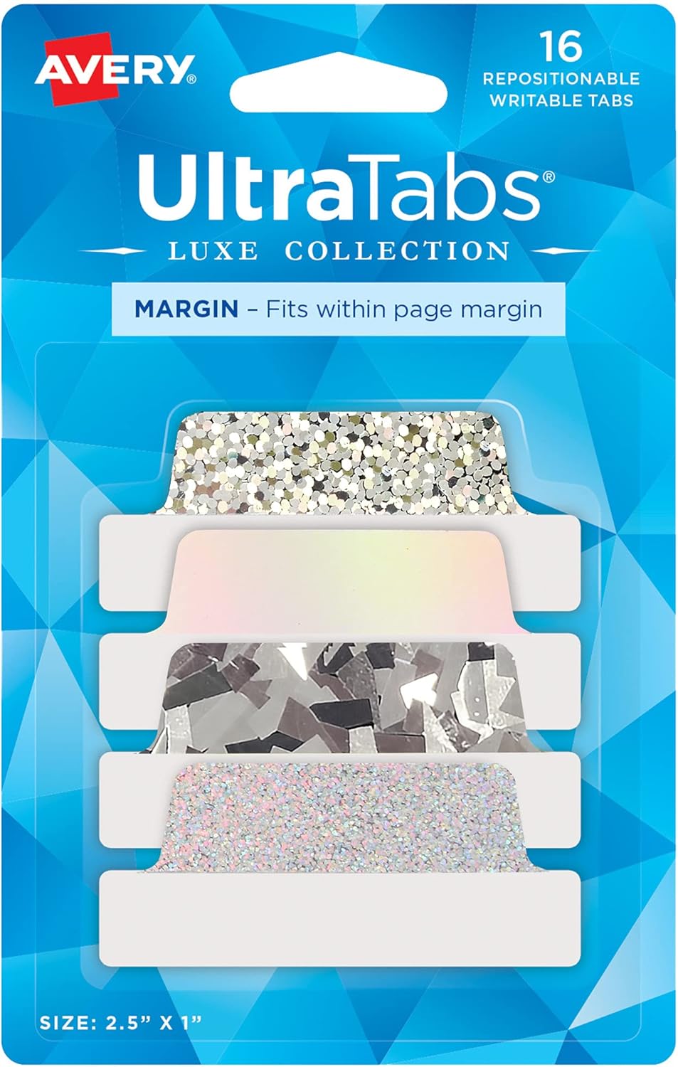 Avery Ultra Tabs Luxe Collection, 2.5" x 1" Margin Tabs, Holographic Iridescent Designs, Repositionable, 16 Total (74179)