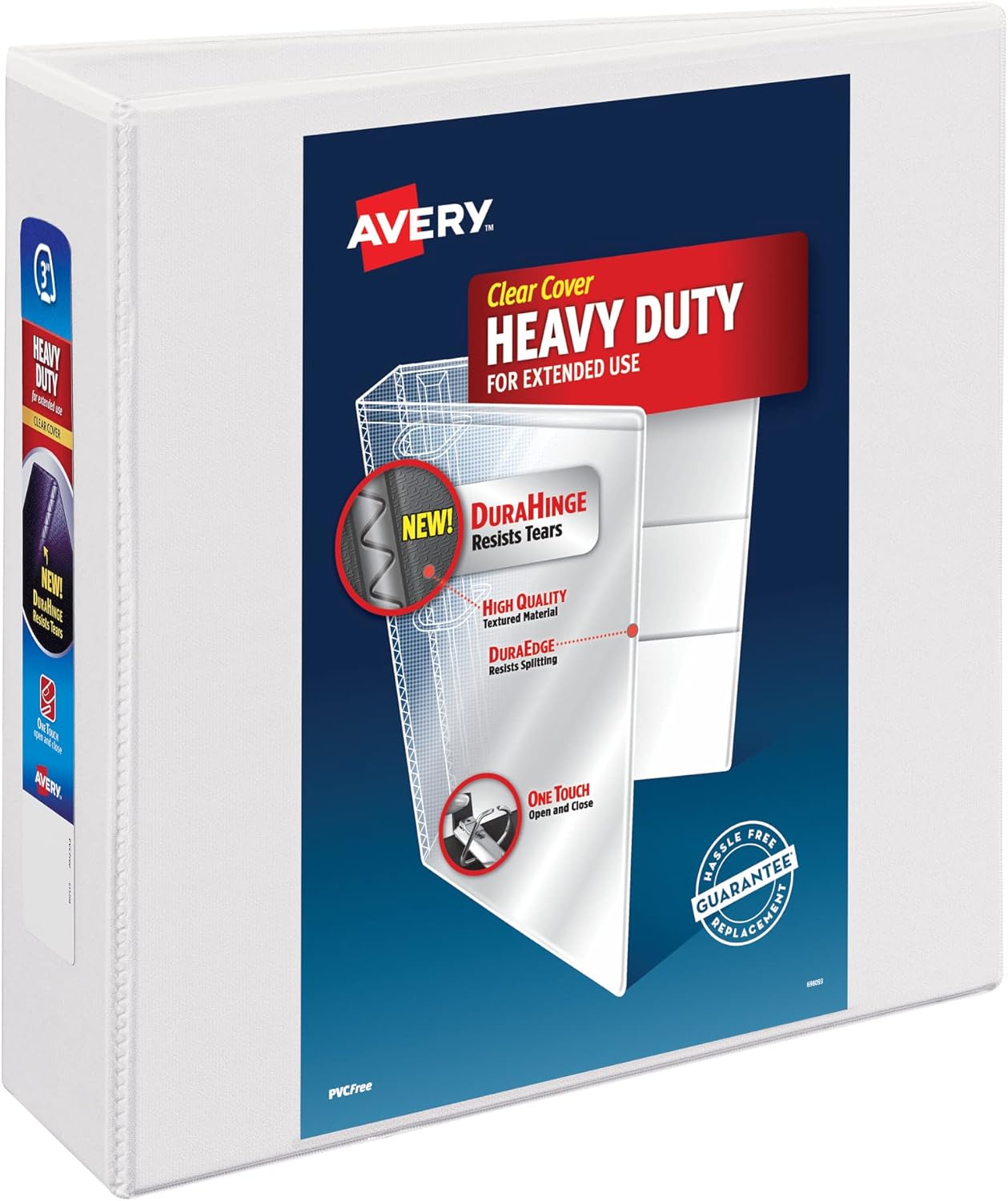 Avery Heavy-Duty View 3 Ring Binder, 2 Inch One Touch Slant Rings, 530-Sheet Capacity, DuraHinge, 2.8 Inch Wide Spine, Customizable Clear Cover and Spine, 1 White Binder (79792)