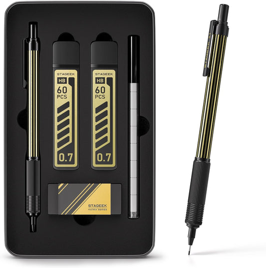 STAGEEK 0.7mm Mechanical Pencil with Metal Gift Case, 1PCS Metal Mechanical Pencil with 120Pcs HB Lead Refills,4B Erasers and 9PCS Eraser Refills, for Writing Drafting Drawing and Sketching(Gold)