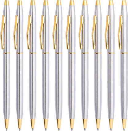 Cambond Slim Ballpoint Pens Bulk - Black Ink 1.0mm Medium Point Retractable Metal Pen for Police Uniform, Flight Attendant & Office, 10 Pack (Black Barrel)