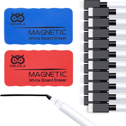 OWLKELA 10 Pcs Black Magnetic Erasable Markers for Whiteboard, Dry Erase Markers with Eraser, Low Odor Magnetic Eraser, White Board Markers for Office, Classroom, Home