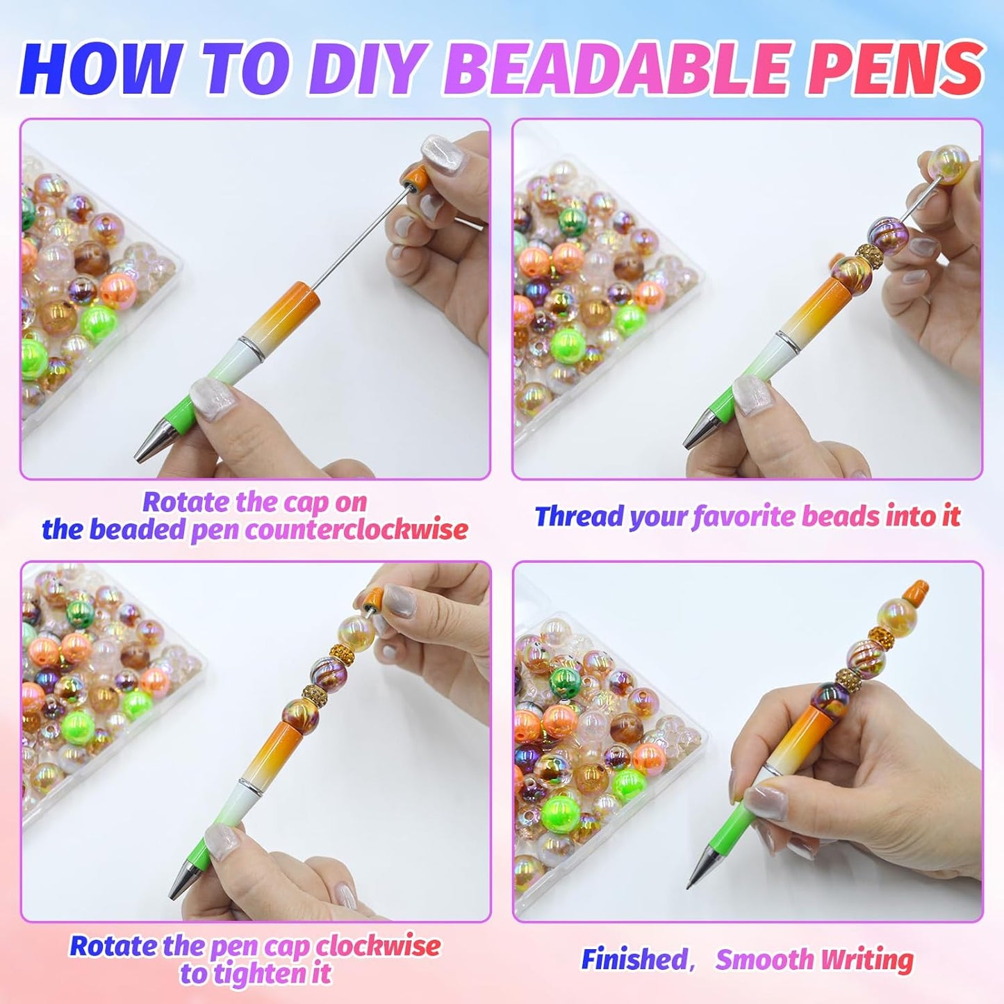 150 Pieces DIY Beadable Pen Kit – 50 Plastic Ballpoint Pens with Refills & Bags, Beads Not Included – School Supplies, Office Accessories & Craft Gifts for Students & Teachers (Multicolor)