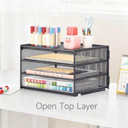 Lavatino 3-Tier Letter Tray Desk Organizer, Mesh Metal Paper File Tray Organizer for Desk, Office Supplies & Home Organization, Fits A4 Paper, Mail, Magazines & Office Accessories (Black with Handle)