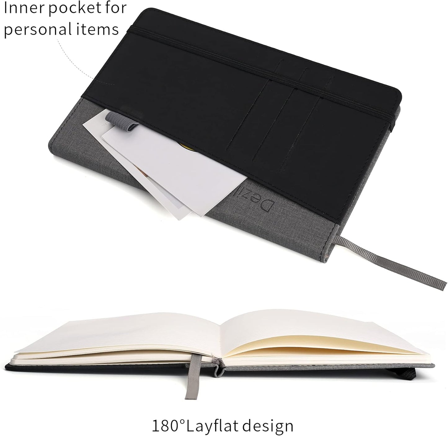 Deziliao Lined Journal Notebooks with Pen Loop, Hardcover Notebook Journal for Work, 100Gsm Premium Thick Paper with Inner Pocket, Medium 5.7"x8.4", （Black, Ruled）