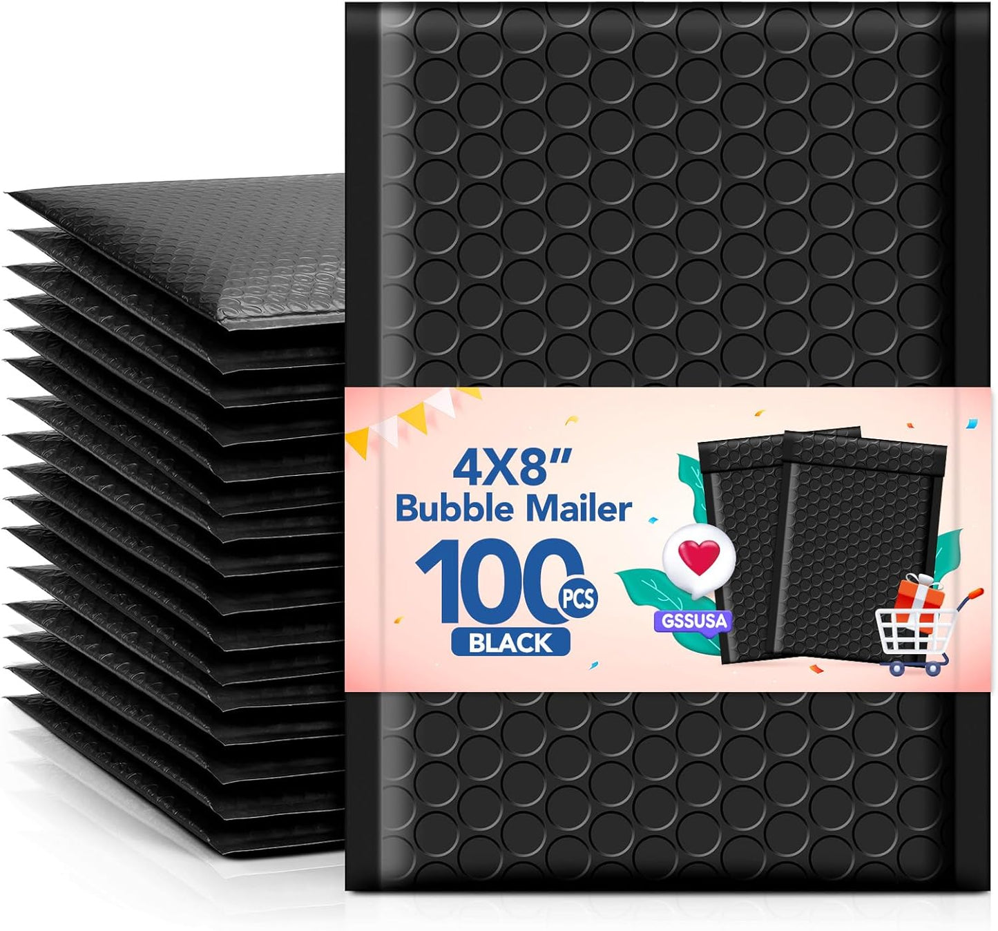 GSSUSA Black Bubble Mailers 4x8 Inches 50 Pack, Usable Size 4X7" Bubble Envelopes for Small Business, Padded Envelope, Shipping Mailers, Packaging Bags, Mailing Envelopes, Shipping Supplies
