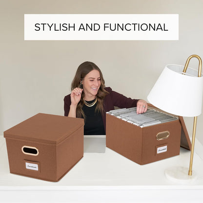 ZICOTO Decorative File Organizer Box Set of 2 - Collapsible Linen Filing Cabinets w/Handles Are Perfect to Store all Your Documents & Hanging File Folders - Portable Easy Slide Crates with Lid