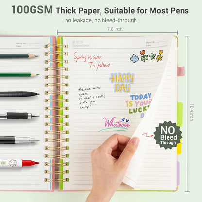 Hardcover Spiral Journal Notebook, 300 Pages 5 Subject Notebook College Ruled with Removable Dividers Tabs, 8" x 10" Notebooks for Work, Spiral Ruled Lined Writing Journal Hardcover Leather Notebook for School (Black, 8''x 10'')
