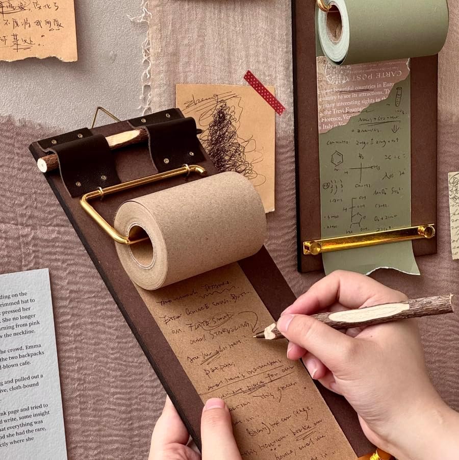 Retro Wall Mounted Memo Board with 1 Natural Dark Green Roll – Rustic Clipboard Notepad, Tearable Writing Pad for Notes, Menu, Kitchen, Café and Home Office Decoration