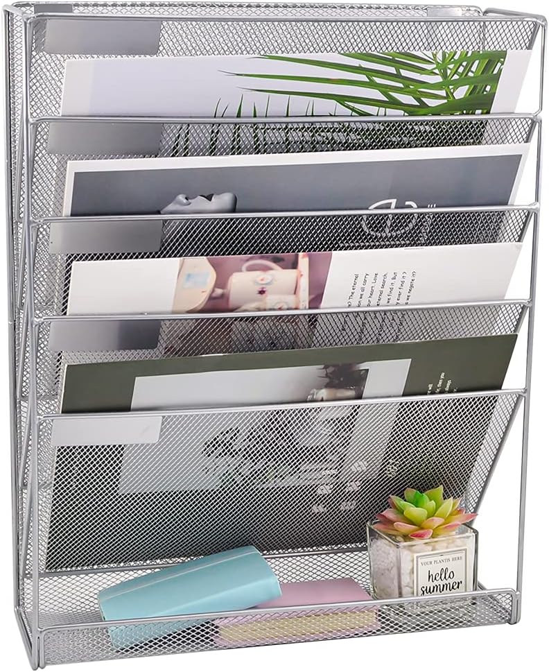 EASEPRES Desk File Organizer Mesh 6-Tier, Hanging Wall Mount Document Organization Stand, Desktop Vertical Mail Paper Folder Holder Rack with Bottom Tray for Office Home Cubicle Countertop, Black