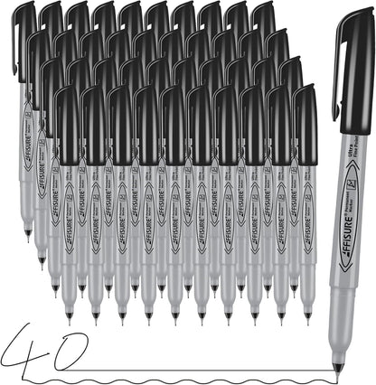 Permanent Markers, Ultra Fine Point, Black, 40 Count, 0.4mm, Fine tip permanent marker set, quick dry, waterproof, fading resists, durable, marks on paper, glass, ceramic, plastic, wood, rock, metal