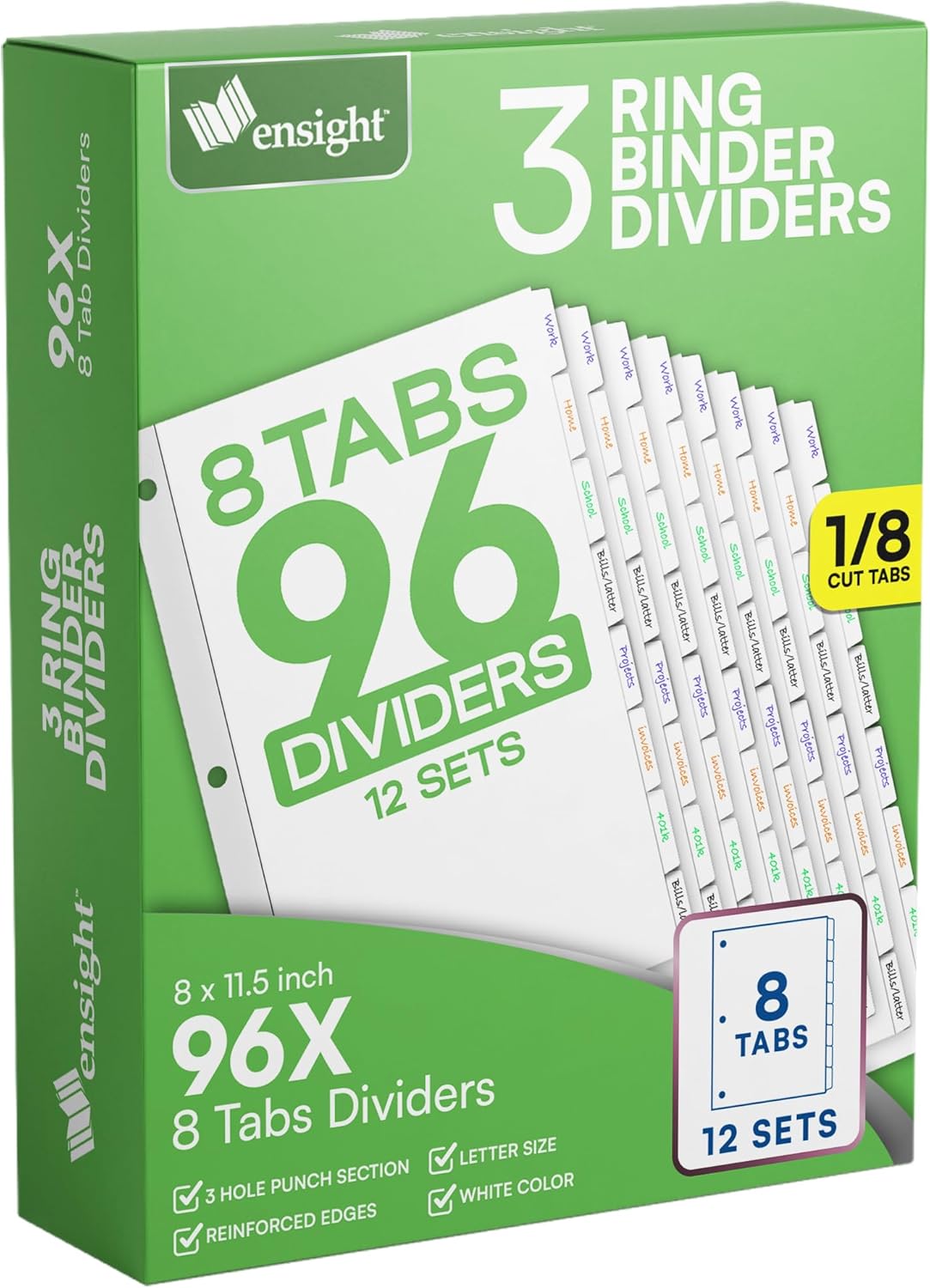 Ensight 3 Ring Page Dividers Bulk, 1/5 Cut Tab Dividers, 100 Per Box - Divider Pages with Tabs, Decorative Printable Rewritable Divider Tabs, Exhibit Tab Dividers for 3 Ring Binders Bulk