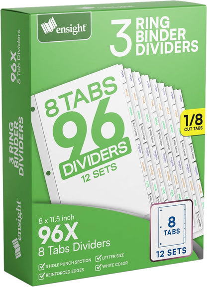 Ensight 3 Ring Page Dividers Bulk, 1/5 Cut Tab Dividers, 100 Per Box - Divider Pages with Tabs, Decorative Printable Rewritable Divider Tabs, Exhibit Tab Dividers for 3 Ring Binders Bulk