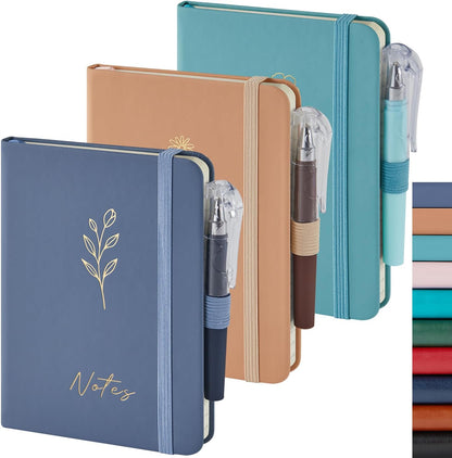 NIRMIRO Small Notebook Journals, 3 Pack Mini Pocket Note pads for Men & Women Writing, A6 Small Leather Notepad 3.7" x 5.7" with Pen, Black, Red, Green
