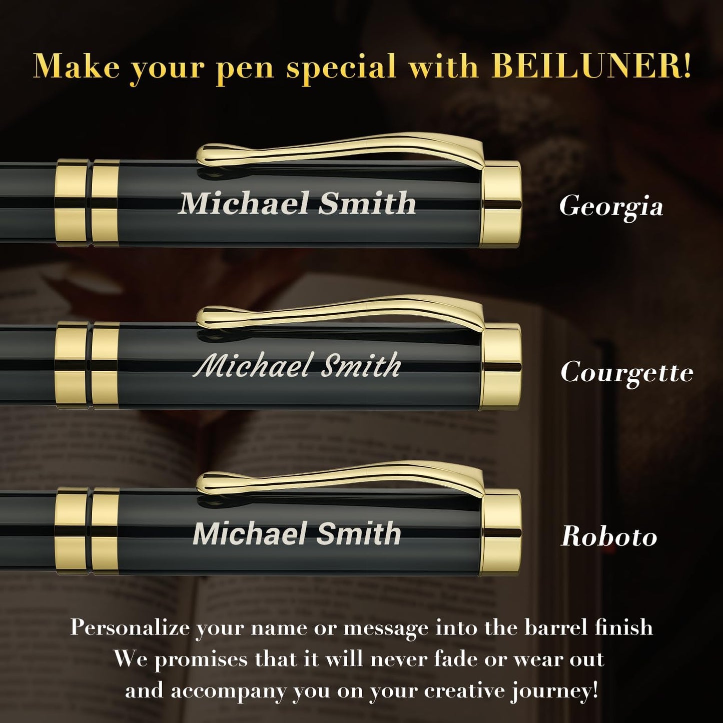 BEILUNER Ballpoint Pens, Stunning Black Chrome Metal Pen with Golden Trim, Best Ball Pen Gift Set for Men & Women, Professional, Executive, Office, Nice Pens-Gift Box with 0.5mm Black Extra Refill