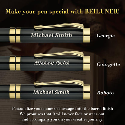 BEILUNER Ballpoint Pens, Stunning Black Chrome Metal Pen with Golden Trim, Best Ball Pen Gift Set for Men & Women, Professional, Executive, Office, Nice Pens-Gift Box with 0.5mm Black Extra Refill
