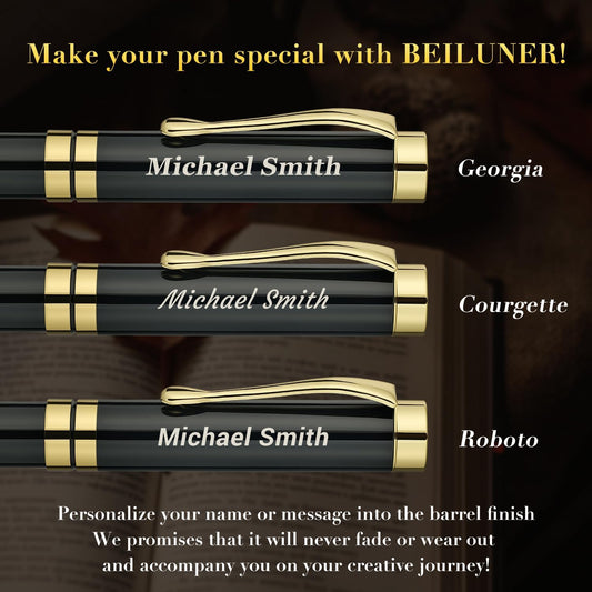 BEILUNER Ballpoint Pens, Stunning Black Chrome Metal Pen with Golden Trim, Best Ball Pen Gift Set for Men & Women, Professional, Executive, Office, Nice Pens-Gift Box with 0.5mm Black Extra Refill