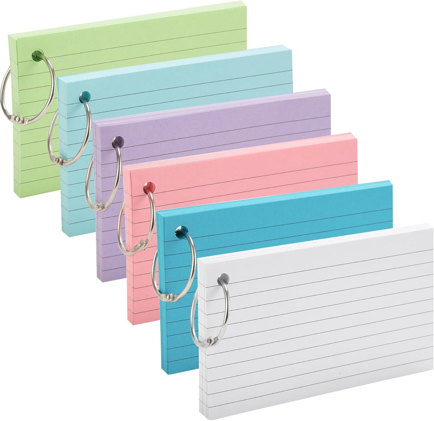 300 Sheets Ruled Index Cards with Metal Ring Binder, Multicolor, 6 Pack