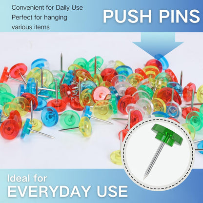 150 PCS Clear Push Pins Tacks Count in Reusable Box for Bulletin Boards and Wall Displays Heavy Duty Plastic Head