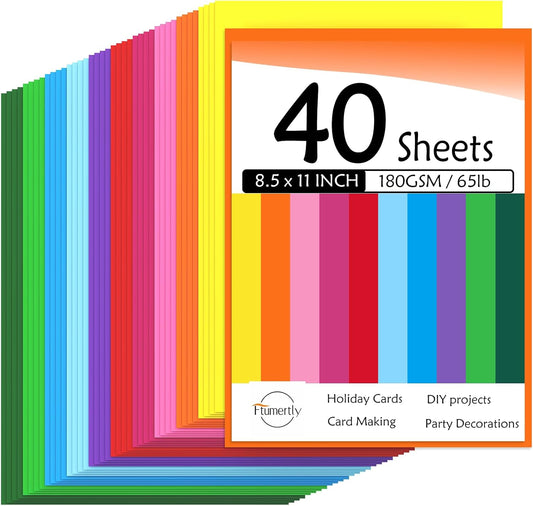 Ftumertly Colored Cardstock 40 Pack, Mixed 10 Assorted Colors 180gsm/65lb Card Stock Paper 8.5 x 11 Card Stock Colored, Colorful Cardstock Paper for Crafting, Christmas DIY Card Making, Scrapbooking