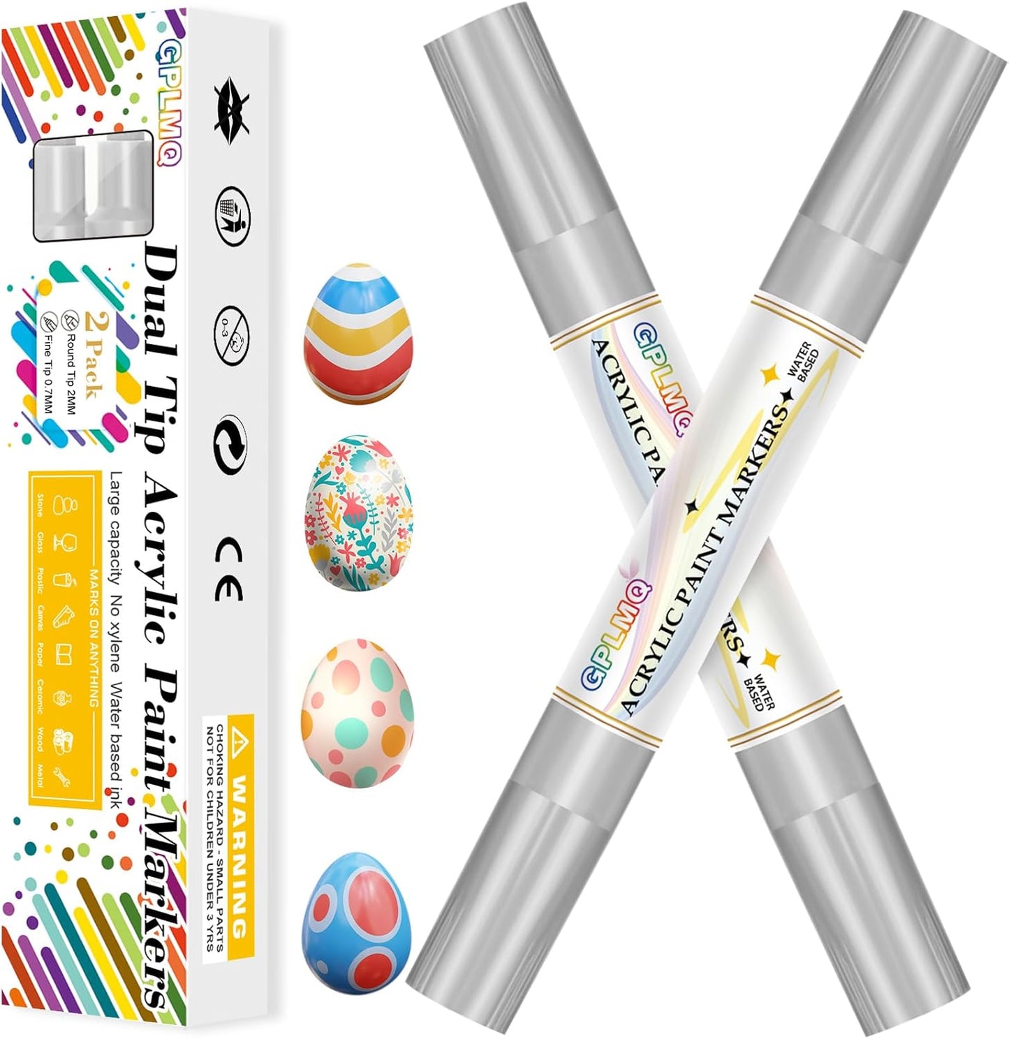Paint Markers Paint Pens - 2 Pack Dual Tip Acrylic Permanent Marker (0.7mm & 3mm), Non-Toxic, Water-Based for Art Painting, Stone, Ceramic, Glass, Wood, Fabric, Metal, DIY Crafts (White)