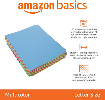 Amazon Basics Sturdy File Folders with Reinforced Tabs for Filing and Organization, 1/3-Cut Tab, Assorted Positions, Letter Size, 8.5x11 inches, Manila, 100-Pack