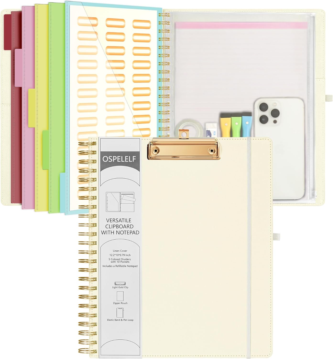 Ospelelf Foldable Spiral Clipboard Folio with Storage Zipper Pouch, 5 Plastic Folders with 10 Pockets,Refillable Lined Notepad (11" x 8.5"), Hardcover Project Organizer with 39 Stickers (Purple)