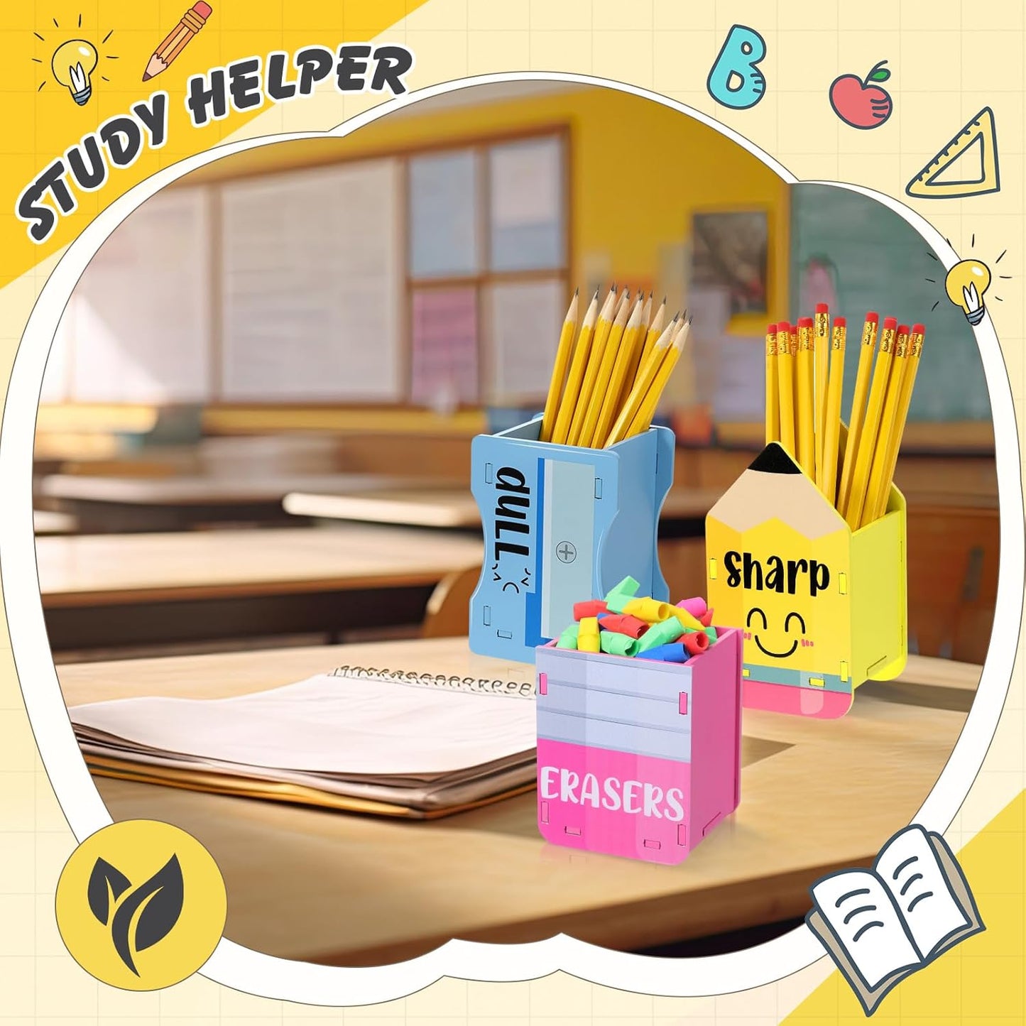 AmazingSpark 3 Pcs Pencil Shaped Holder Sharp and Eraser and Dull Holder Wooden Dispenser Pencil Storage Organizer for Back to School Management Organization (Classic)