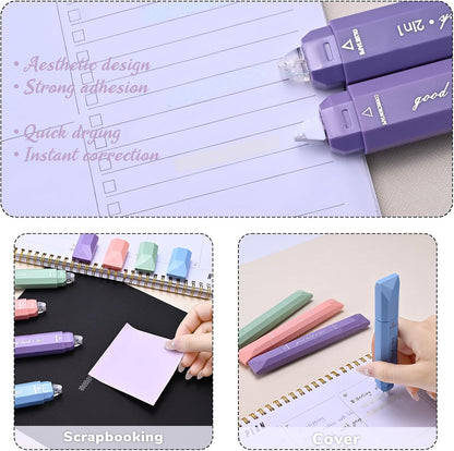 Temiary 4 Pcs 2 in 1 White Correction Tape and Double Sided Roller Set, Aesthetic Smooth Pull Out Tapes with Adhesive Glue Tape Roller Runner for School Office Supplies (Pink)