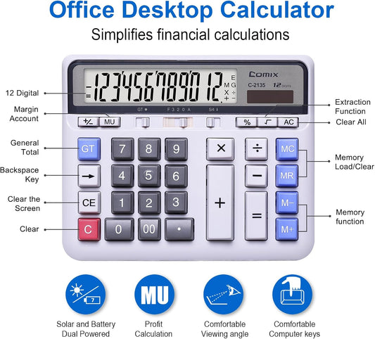 Comix Desktop Calculator Solar Battery Dual Power with 12-Digit Large LCD Display and Large Computer Keys Standard Function Calculator for Home Office School, White