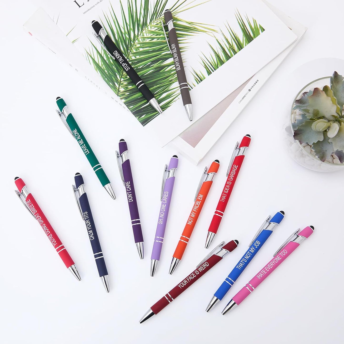 Actsun Funny Pens - 12 Pack Fine Point Smooth Writing Pens with Inspirational Tips, Black Ink, Touch Stylus Screens, Motivational Gift for Office & Desk Accessories