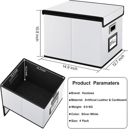 Huolewa Upgraded Portable File Organizer Box with Lid, Collapsible Linen Hanging Filing Storage Boxes with Plastic Slides, Decorative Home/Office Filing System Box for File and Folders Storage (Gray)
