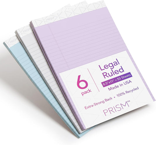 TOPS 8.5 x 11 Legal Pads, 6 Pack, Prism Brand, 2 Gray/2 Blue/2 Purple, Wide Ruled, 50 Sheets Per Writing Pad, Made in the USA (63116)