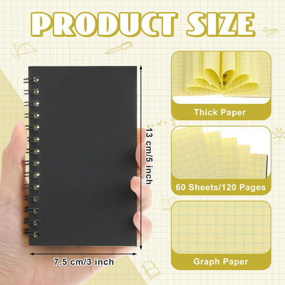 Jutom 6 Pcs Small Graph Paper Pads Notebook Mini Spiral Notebooks Grid Paper 3 x 5 Inch Pocket Notepads 120 Pages Mini Notepads for Office School Work Math Meeting (Black)
