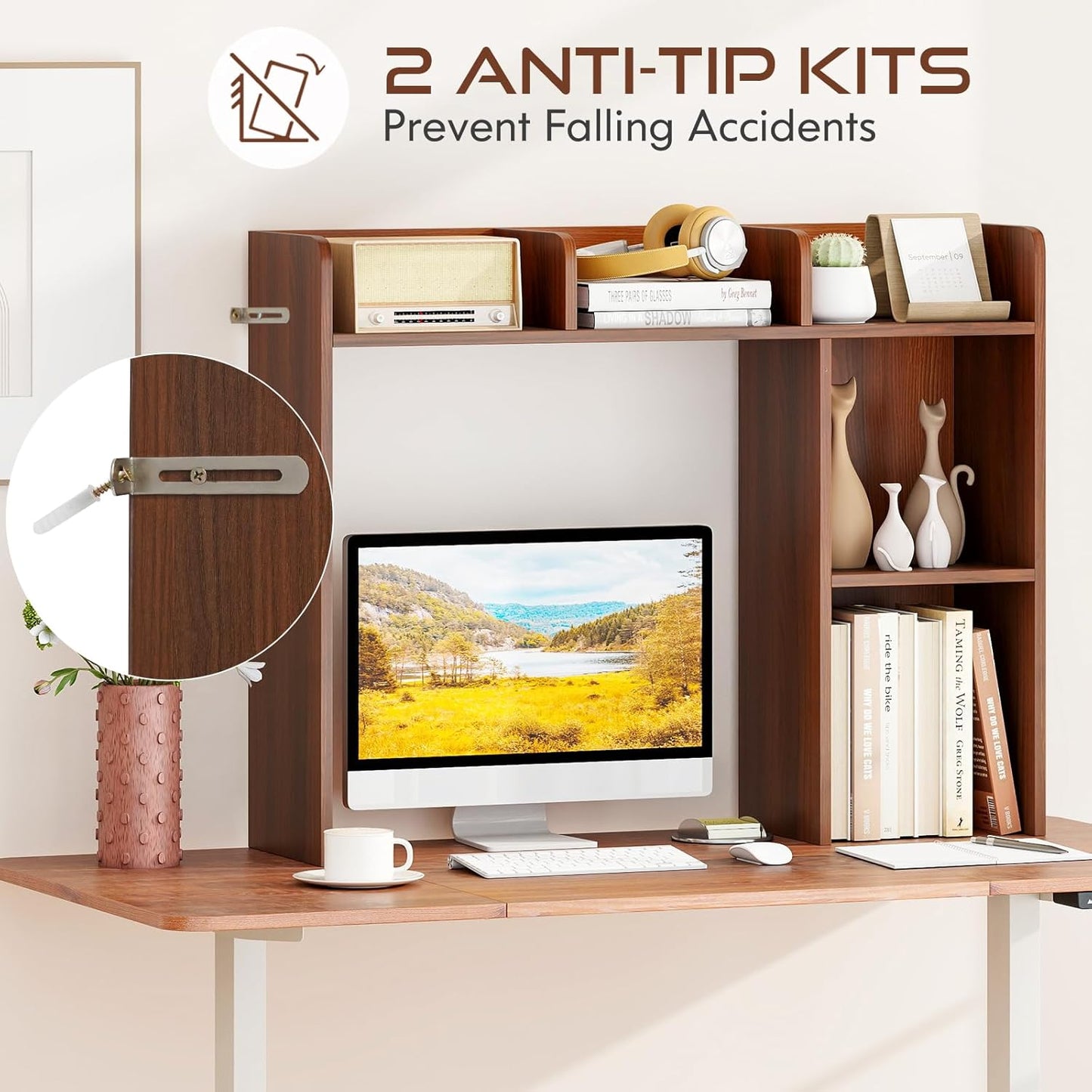 Tangkula Desktop Bookshelf, Countertop Storage Hutch with 5 Shelves for Computer Desk, Desk 3-Tier Display Rack, Multipurpose Wood Desktop Hutch Storage Organizer for Dorm Office Home