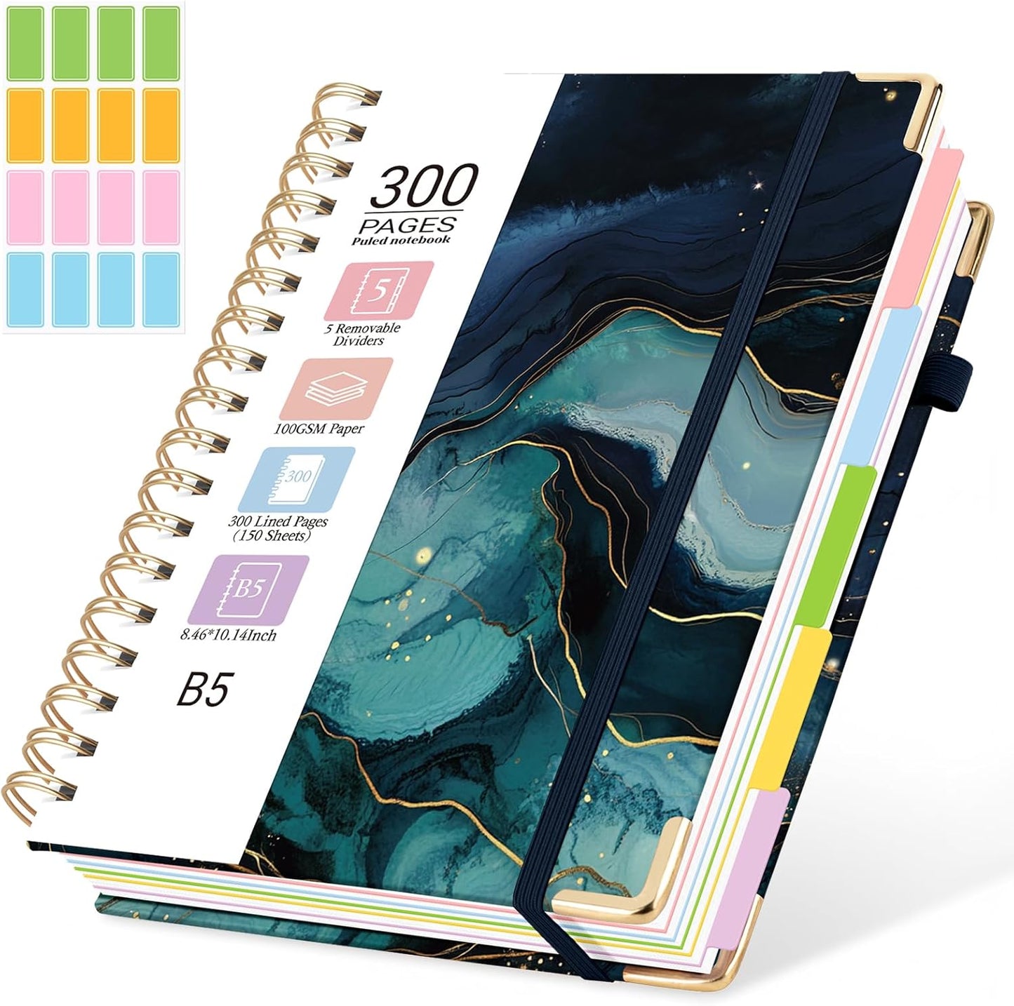 Hardcover Spiral Journal Notebook, 300 Pages 5 Subject Notebook College Ruled with Removable Dividers Tabs, 8" x 10" Notebooks for Work, Spiral Ruled Lined Writing Journal Hardcover Leather Notebook for School (Black, 8''x 10'')