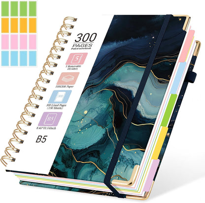 Hardcover Spiral Journal Notebook, 300 Pages 5 Subject Notebook College Ruled with Removable Dividers Tabs, 8" x 10" Notebooks for Work, Spiral Ruled Lined Writing Journal Hardcover Leather Notebook for School (Black, 8''x 10'')