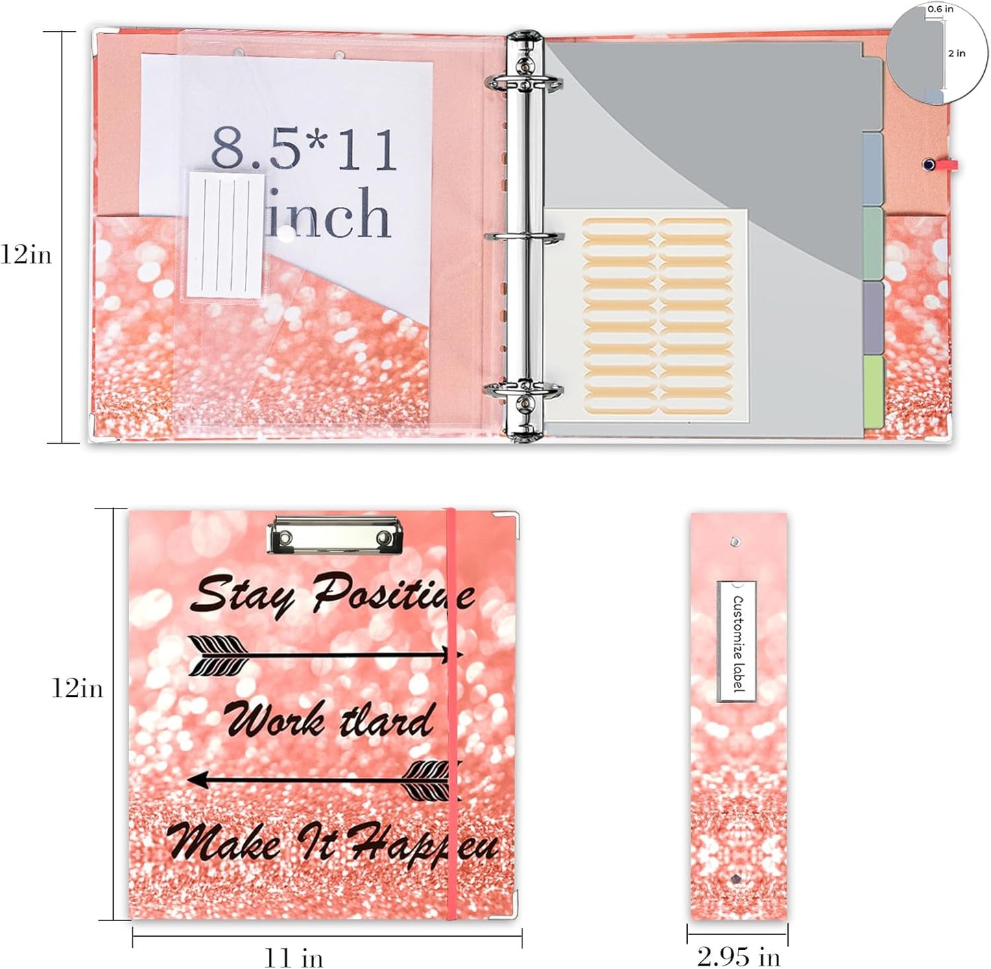3 Ring Binder 1 Inch, Three Ring Binders Organizer with Clipboard, 5-Tabs Pockets Dividers, Plastic Folder, 18 Divider Stikers, BVSSX Pretty Binder with Pen Loop (Black Weeds, Letter Size)